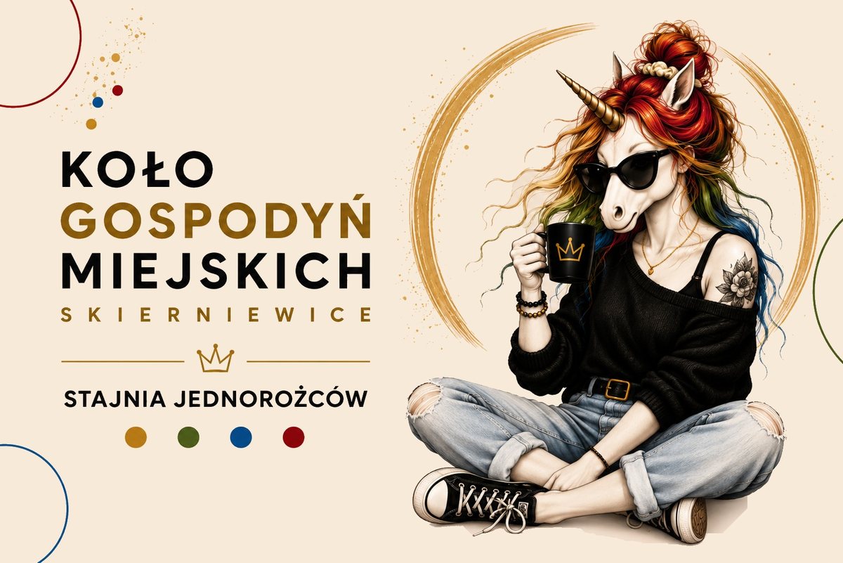 Karta członkowska Koła Gospodyń Miejskich — napis Koło Gospodyń Miejskich, Skierniewice, Stajnia Jednorożców, cztery kolorowe kropki i ilustracja jednorożca siedzącego po turecku z kubkiem