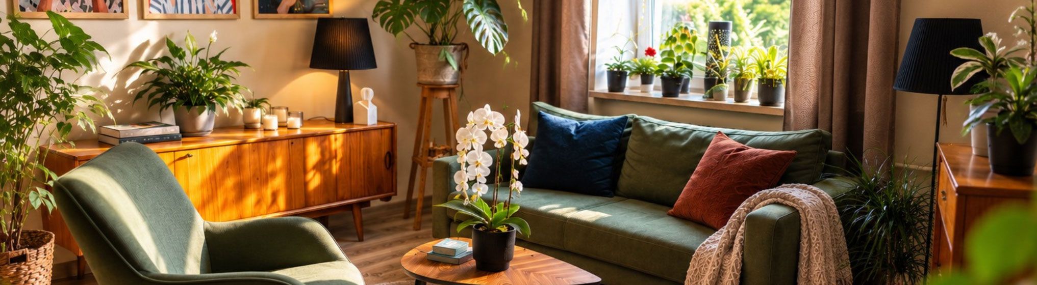 Strefa niebieska w słońcu — zielona sofa z granatową i rdzawą poduszką, fotel, stolik z białą orchideą, drewniana komoda z lampą i rośliny na parapecie